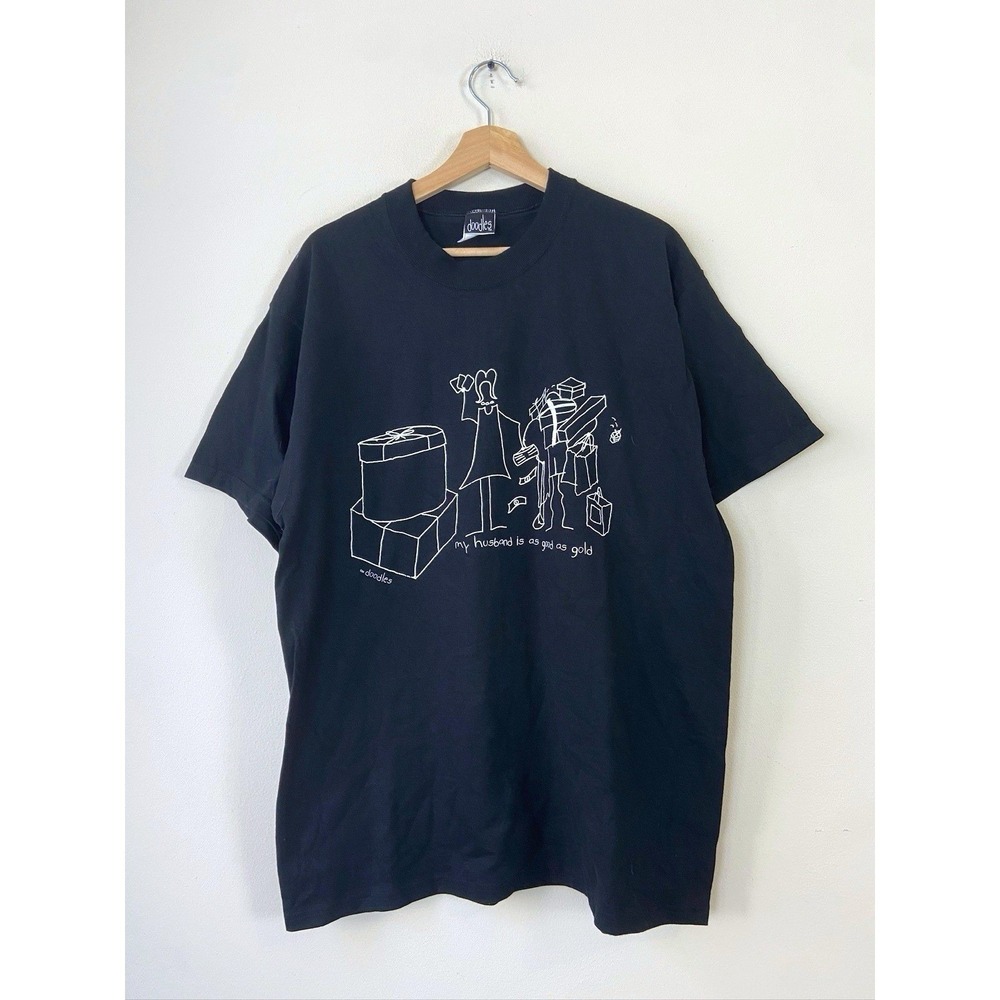 Vintage 90's Doodles Shopping Funny Quote Art Black Tee Shirt - Large